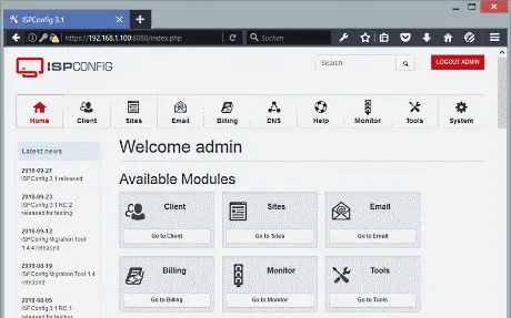Screenshot der ISPConfig-3-Administrationsoberfläche mit der Übersicht der verfügbaren Module