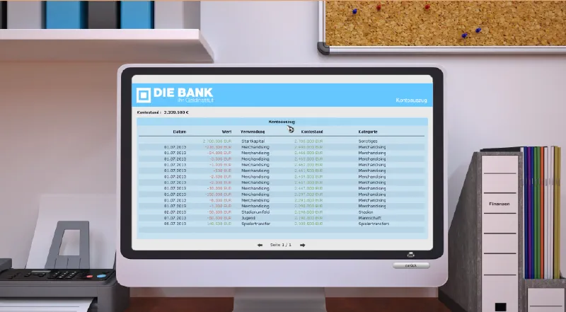 Screenshot aus Torchance 2014: Kontoauszug-Ansicht der Spielbank mit den Vereinsfinanzen