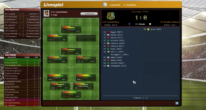 Screenshot aus Torchance 2014: Livespiel des 1. FC Saarbrücken mit Aufstellung, Live-Tabelle und Spielstand